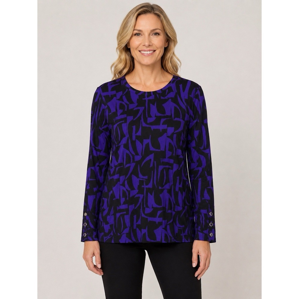 Chicos Top Women's Size 2 Large Purple Black Long Sleeve Geometric Stretch